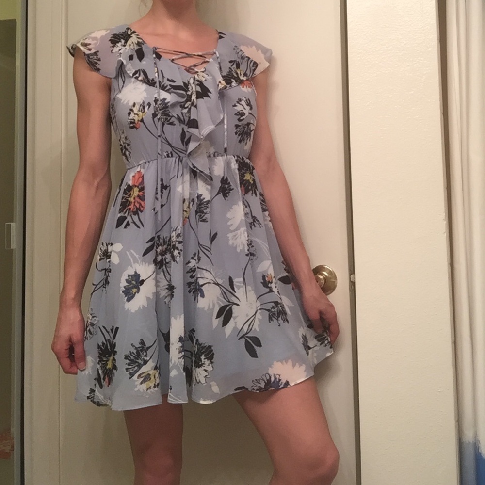 Blue floral print lace up dress